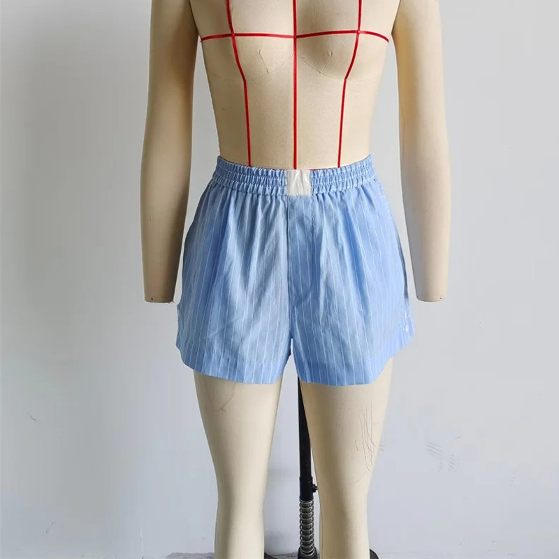 Vasaras jaunas sieviešu zilas, baltas svītras miega šorti Pamata stilīgi, elastīgi elastīgi ar augstu vidukli ar sprādzi īsām platām bikses