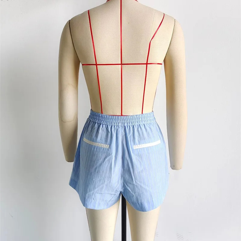 Vasaras jaunas sieviešu zilas, baltas svītras miega šorti Pamata stilīgi, elastīgi elastīgi ar augstu vidukli ar sprādzi īsām platām bikses