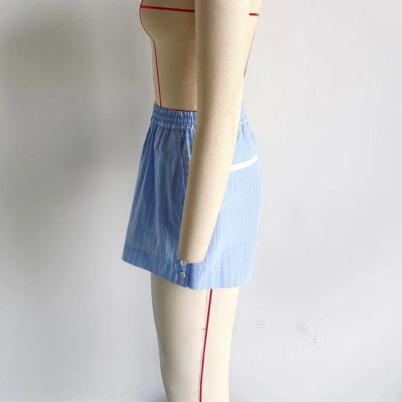Vasaras jaunas sieviešu zilas, baltas svītras miega šorti Pamata stilīgi, elastīgi elastīgi ar augstu vidukli ar sprādzi īsām platām bikses