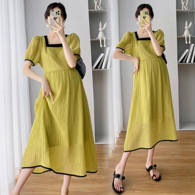 Suvine mood rasedatele avar šifoonist kleit, ühevärviline puhvis varrukatega rasedate kleit Elegantne riietus sinine roheline