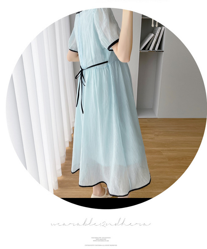 Suvine mood rasedatele avar šifoonist kleit, ühevärviline puhvis varrukatega rasedate kleit Elegantne riietus sinine roheline