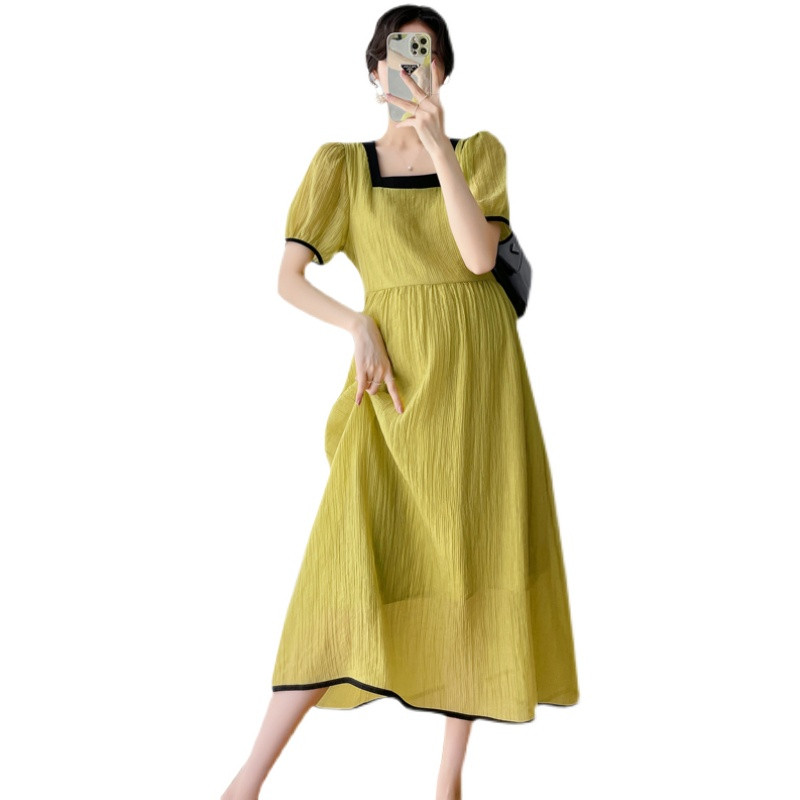 Suvine mood rasedatele avar šifoonist kleit, ühevärviline puhvis varrukatega rasedate kleit Elegantne riietus sinine roheline