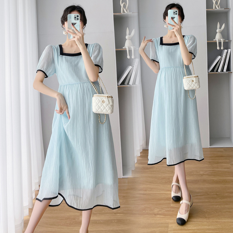 Suvine mood rasedatele avar šifoonist kleit, ühevärviline puhvis varrukatega rasedate kleit Elegantne riietus sinine roheline