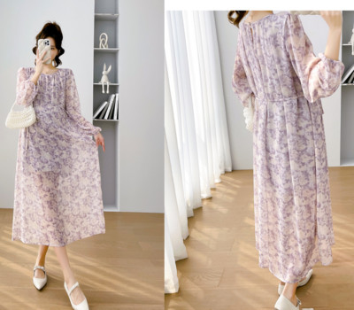 Raseda naise kleit kevadine ja sügisene pikkade varrukatega rasedatele mõeldud rannakleit suures suuruses rasedatele lilleline šifoonist kleit Maxi kleit, magus