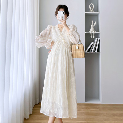 Raseda naise kleit kevadine ja sügisene pikkade varrukatega rasedatele mõeldud rannakleit suures suuruses rasedatele lilleline šifoonist kleit Maxi kleit, magus