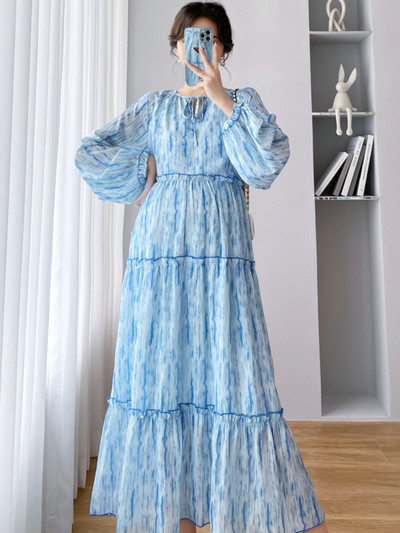 Raseda naise kleit kevadine ja sügisene pikkade varrukatega rasedatele mõeldud rannakleit suures suuruses rasedatele lilleline šifoonist kleit Maxi kleit, magus