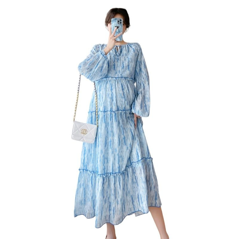 Raseda naise kleit kevadine ja sügisene pikkade varrukatega rasedatele mõeldud rannakleit suures suuruses rasedatele lilleline šifoonist kleit Maxi kleit, magus