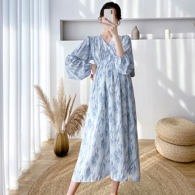 Fdfklak ziedu kleita grūtniecēm, apģērbi ar garām piedurknēm grūtniecēm, 2022. gada pavasara un vasaras grūtnieču kleita