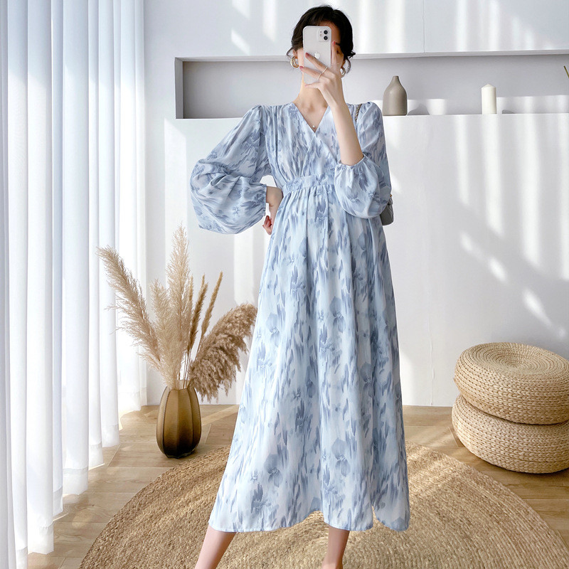 Fdfklak ziedu kleita grūtniecēm, apģērbi ar garām piedurknēm grūtniecēm, 2022. gada pavasara un vasaras grūtnieču kleita