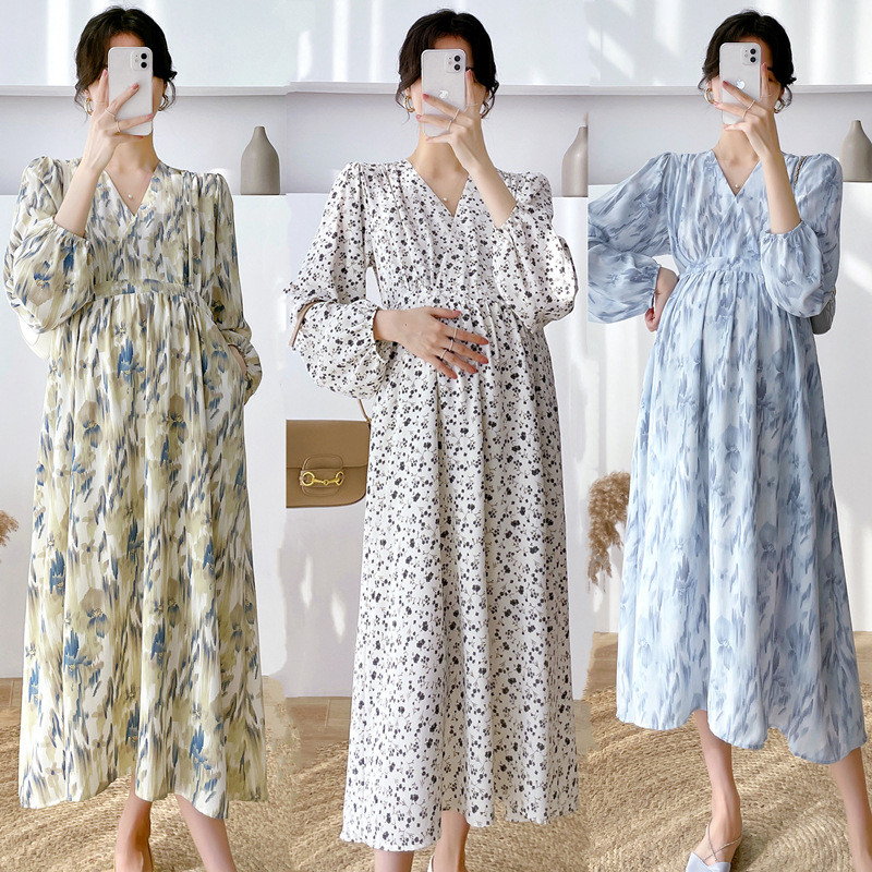 Fdfklak ziedu kleita grūtniecēm, apģērbi ar garām piedurknēm grūtniecēm, 2022. gada pavasara un vasaras grūtnieču kleita