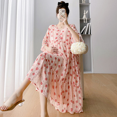 Nyári új divat női epres rövid ujjú ruha terhes nők kismama hosszú ruha nagykereskedés szoptató ruha