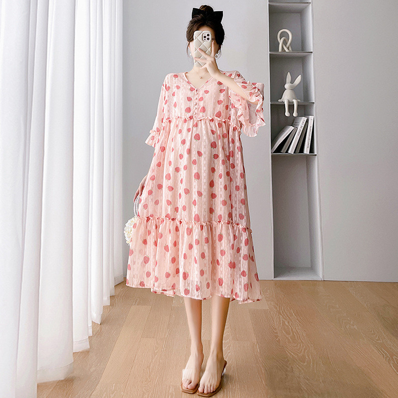 Nyári új divat női epres rövid ujjú ruha terhes nők kismama hosszú ruha nagykereskedés szoptató ruha