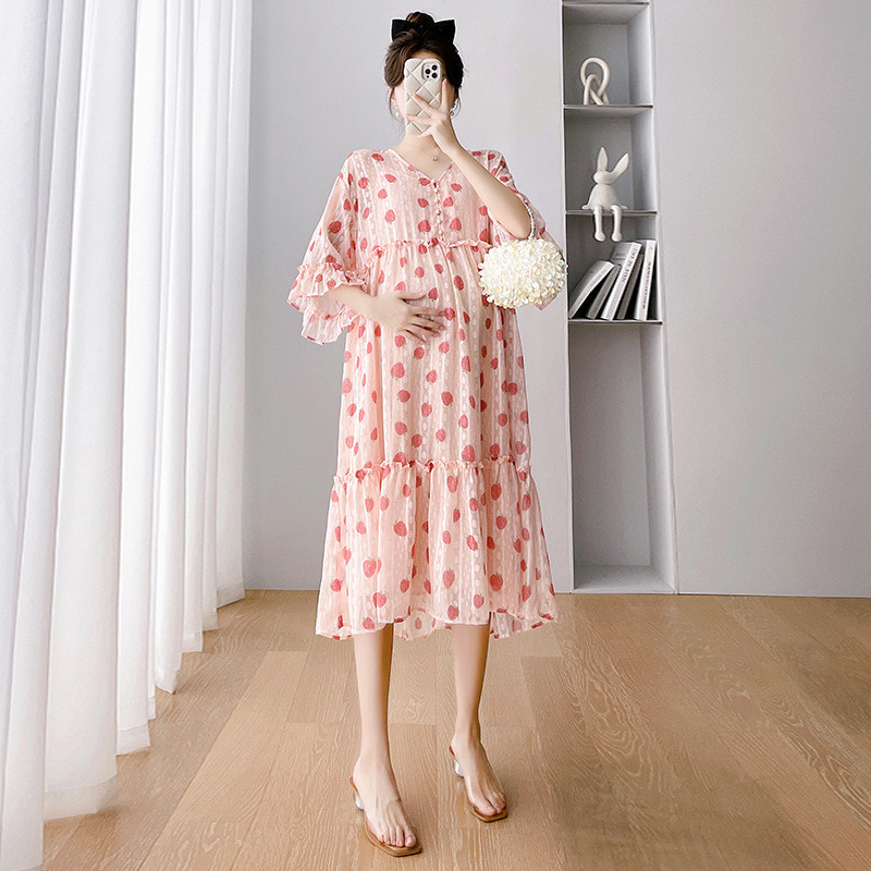 Nyári új divat női epres rövid ujjú ruha terhes nők kismama hosszú ruha nagykereskedés szoptató ruha