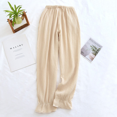 Japāņu jaunas pavasara un vasaras bikses dāmām 100% kokvilnas kreps plānas pidžamas vienkrāsainas svaigas noslēdzamas mājas bikses mīļas apakšas