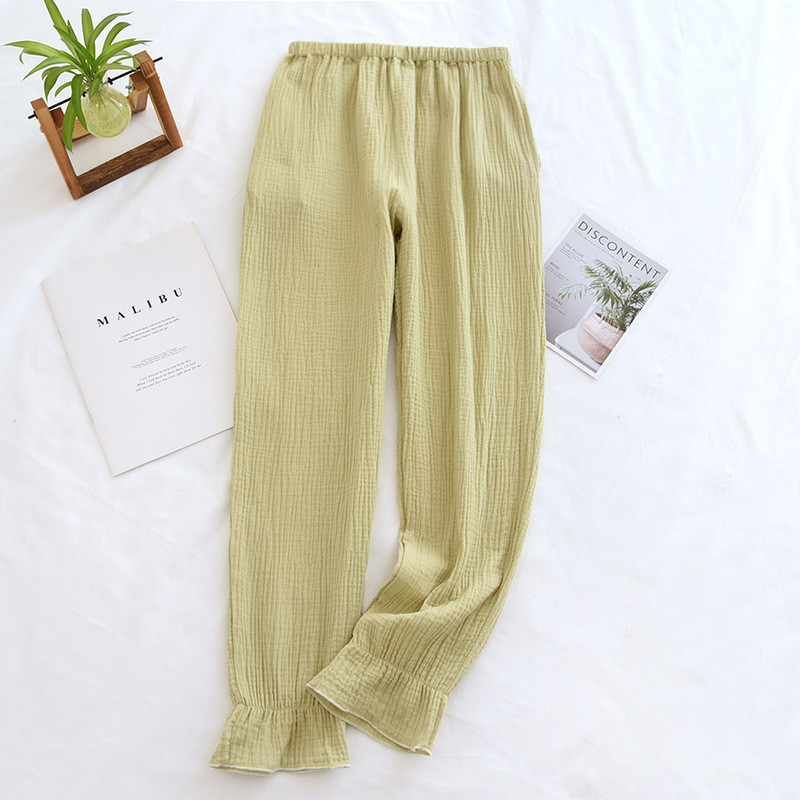 Japāņu jaunas pavasara un vasaras bikses dāmām 100% kokvilnas kreps plānas pidžamas vienkrāsainas svaigas noslēdzamas mājas bikses mīļas apakšas