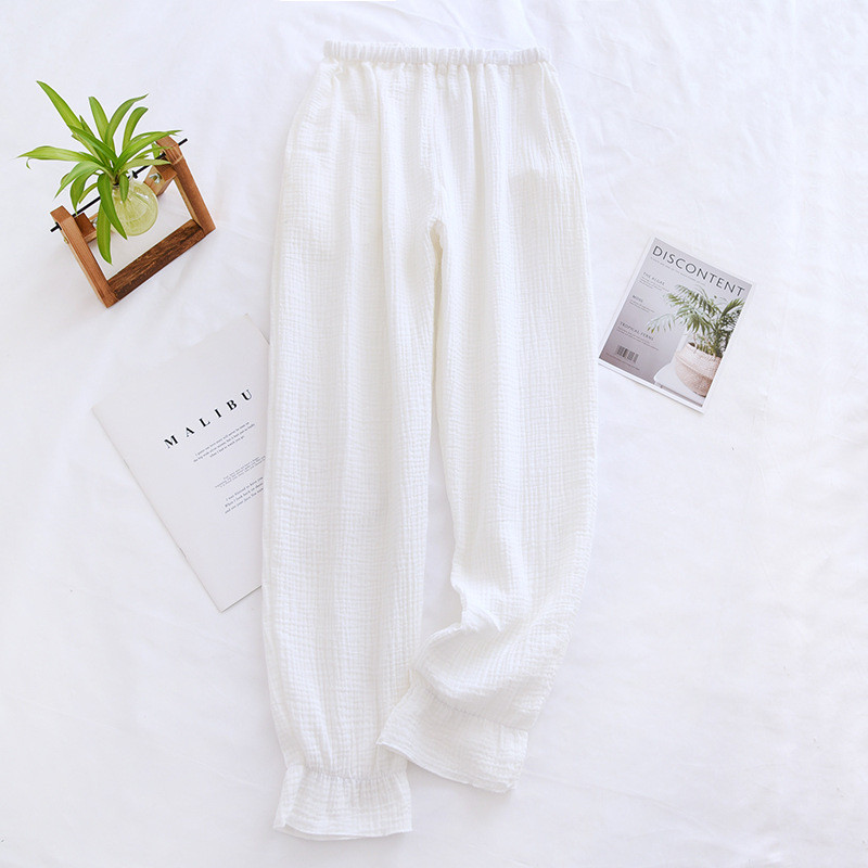 Japāņu jaunas pavasara un vasaras bikses dāmām 100% kokvilnas kreps plānas pidžamas vienkrāsainas svaigas noslēdzamas mājas bikses mīļas apakšas