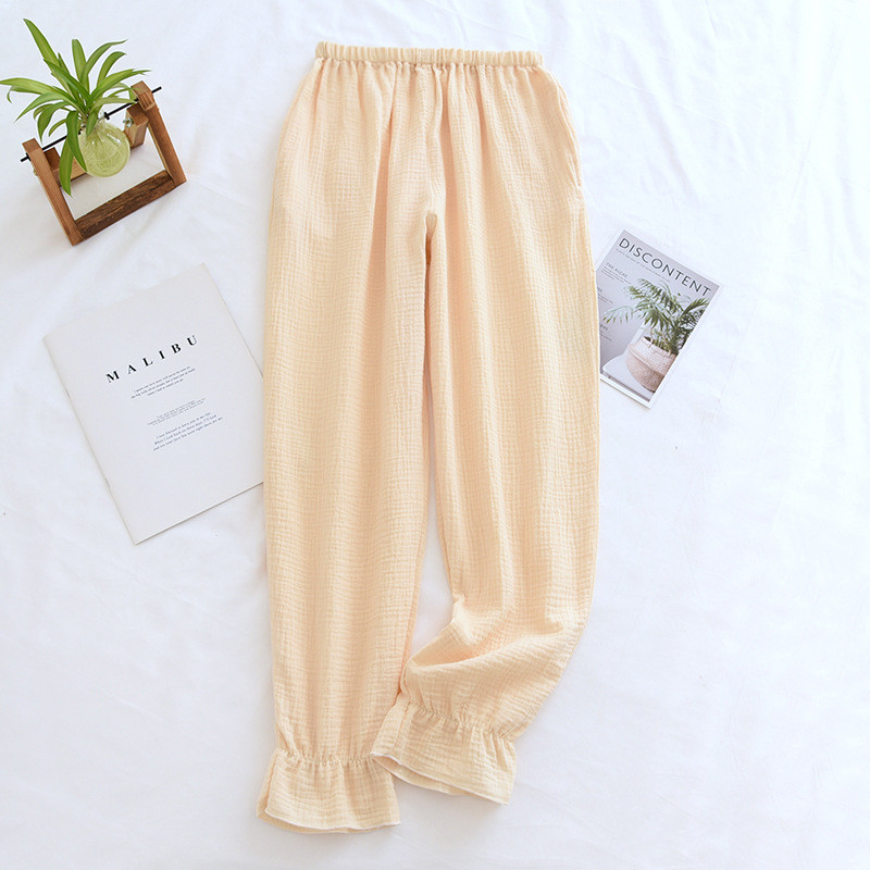 Japāņu jaunas pavasara un vasaras bikses dāmām 100% kokvilnas kreps plānas pidžamas vienkrāsainas svaigas noslēdzamas mājas bikses mīļas apakšas