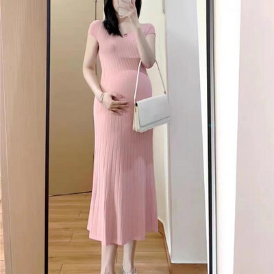 Uus rasedakleit kootud ühes tükis kaelusega jääsiidist pikk raseduskleit vabaaja riided rasedatele, mood