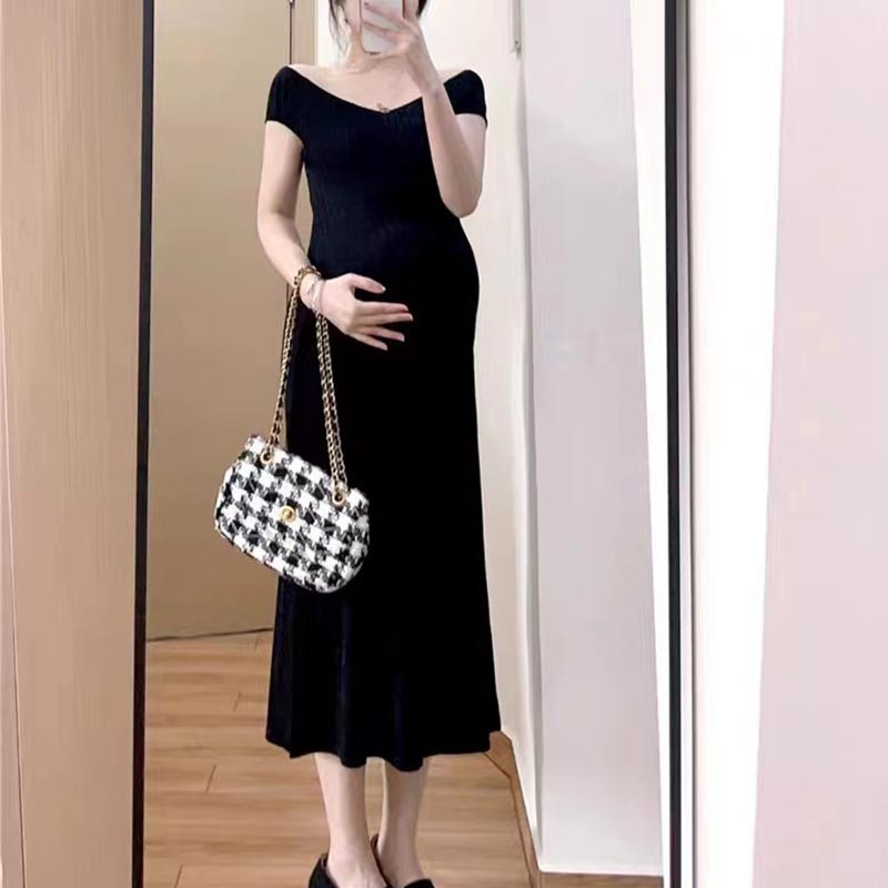 Uus rasedakleit kootud ühes tükis kaelusega jääsiidist pikk raseduskleit vabaaja riided rasedatele, mood