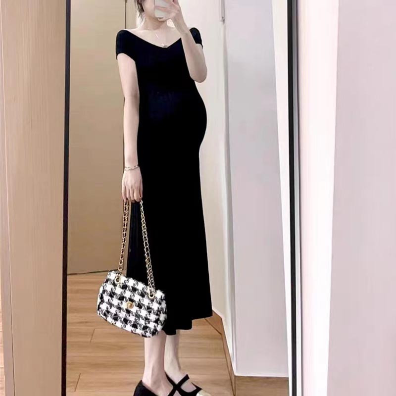 Uus rasedakleit kootud ühes tükis kaelusega jääsiidist pikk raseduskleit vabaaja riided rasedatele, mood