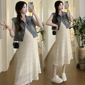 Ljetna modna trudnička čipkasta majica bez rukava 2024. O-izrez s volanima Patchwortk sarafan za trudnice Slatka haljina za trudnice