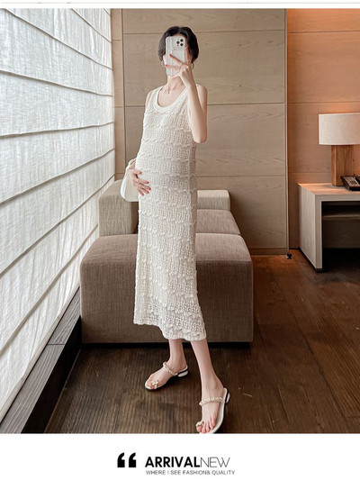 Ljetna modna trudnička čipkasta majica bez rukava 2024. O-izrez s volanima Patchwortk sarafan za trudnice Slatka haljina za trudnice