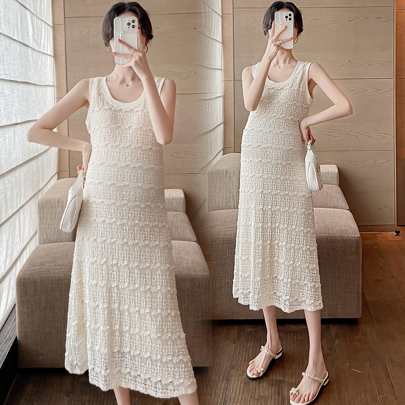 Ljetna modna trudnička čipkasta majica bez rukava 2024. O-izrez s volanima Patchwortk sarafan za trudnice Slatka haljina za trudnice