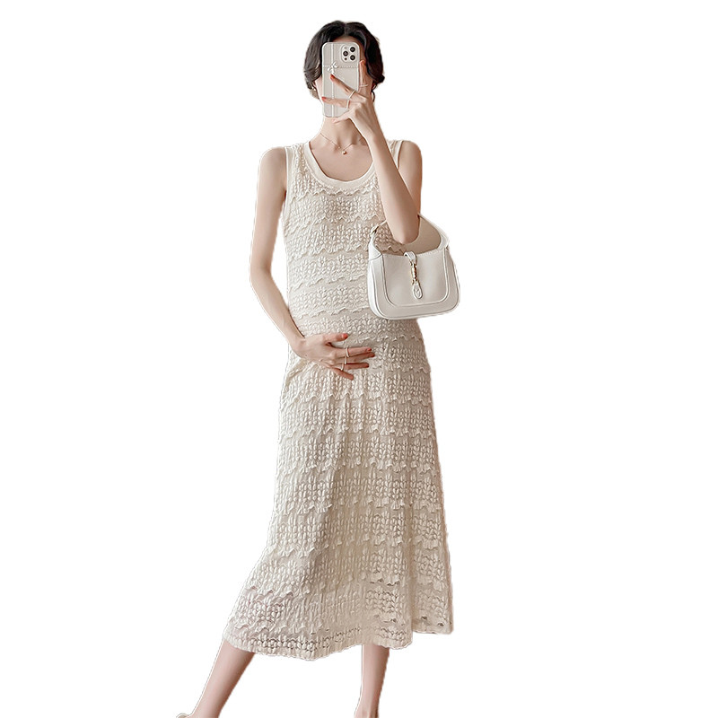 Ljetna modna trudnička čipkasta majica bez rukava 2024. O-izrez s volanima Patchwortk sarafan za trudnice Slatka haljina za trudnice