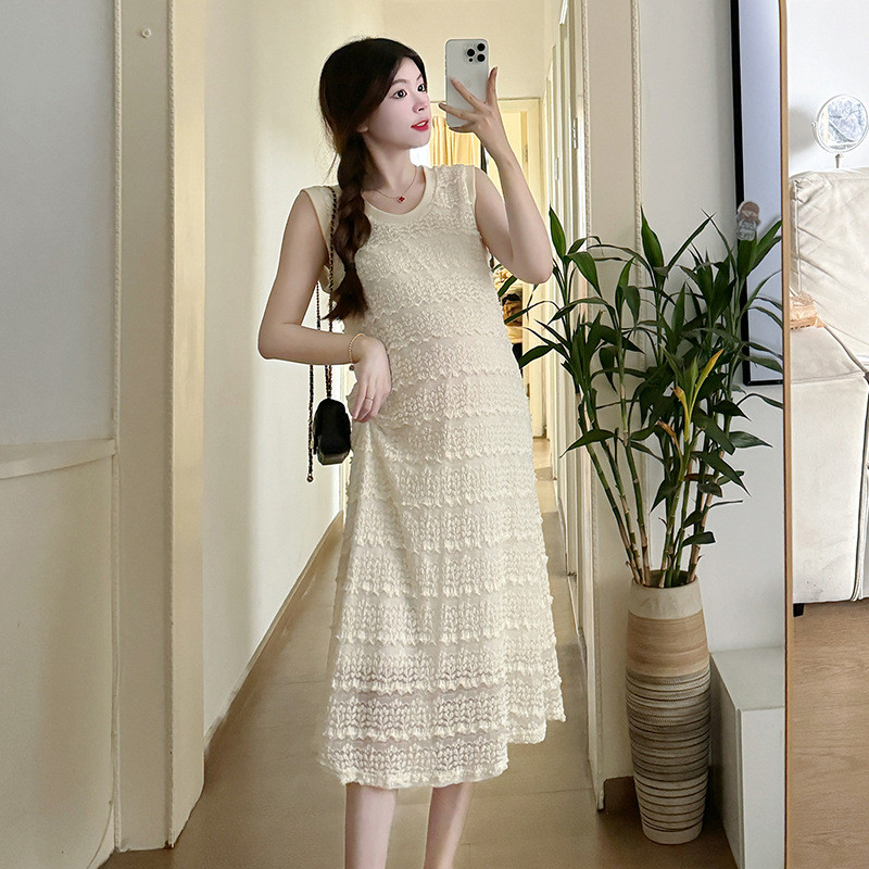 Ljetna modna trudnička čipkasta majica bez rukava 2024. O-izrez s volanima Patchwortk sarafan za trudnice Slatka haljina za trudnice