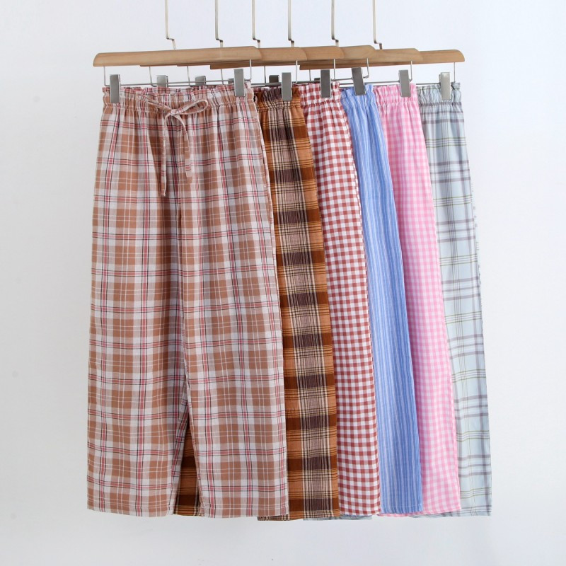 Pavasara rudens sievietēm 100% kokvilna, guļvietas, sieviešu nakts bikses Sieviešu ikdienas rūtainas atpūtas bikses Liela izmēra mājas bikses