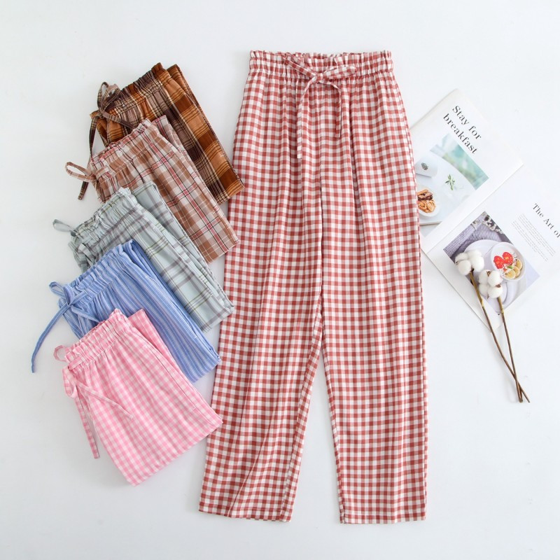 Pavasara rudens sievietēm 100% kokvilna, guļvietas, sieviešu nakts bikses Sieviešu ikdienas rūtainas atpūtas bikses Liela izmēra mājas bikses