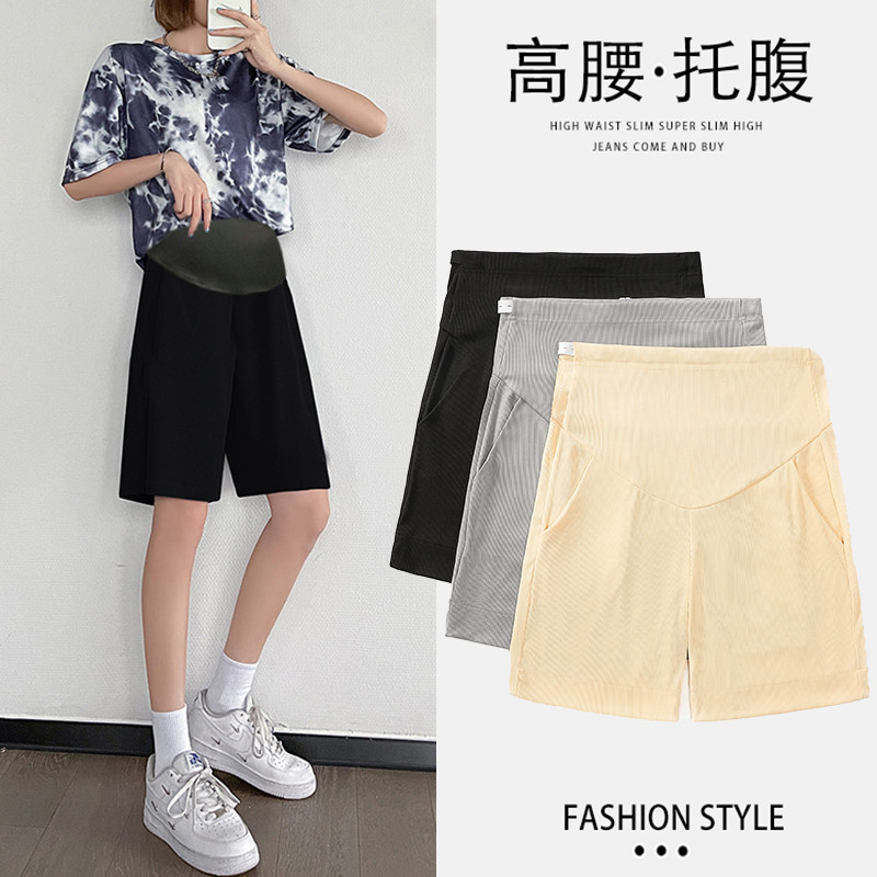 Suvised jääsiidist lühikesed püksid rasedatele ühevärvilised kõrge vöökohaga laiad jalad Rasedate naiste kõhupüksid Rasedus Empired püksid