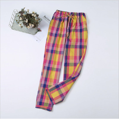 Kevadsügis naised, 100% puuvillased magamispüksid, naiste vabaaja ruudulised salongipüksid, naiste suures suuruses kodupüksid, pantalon