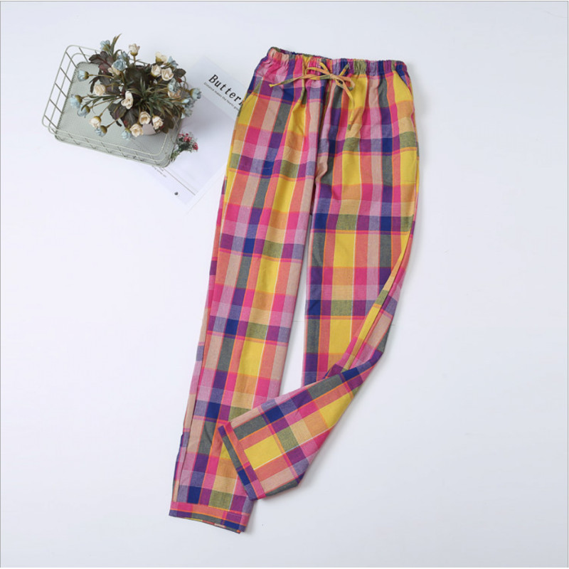 Kevadsügis naised, 100% puuvillased magamispüksid, naiste vabaaja ruudulised salongipüksid, naiste suures suuruses kodupüksid, pantalon