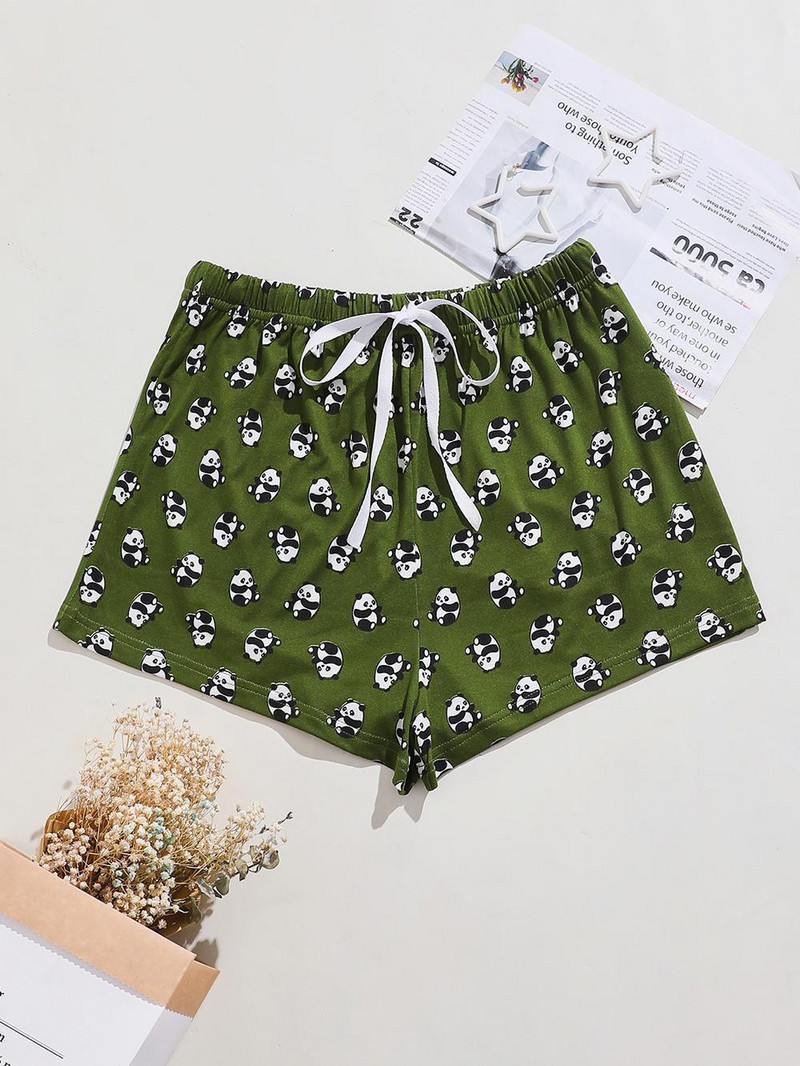 Nyári Női Pizsama Nadrág Panda Nyomtatott Nyugágy Elasztikus Derék Zsinóros Rövidnadrág Nadrág Zöld Alkalmi pizsama Háziruha Hálóruha