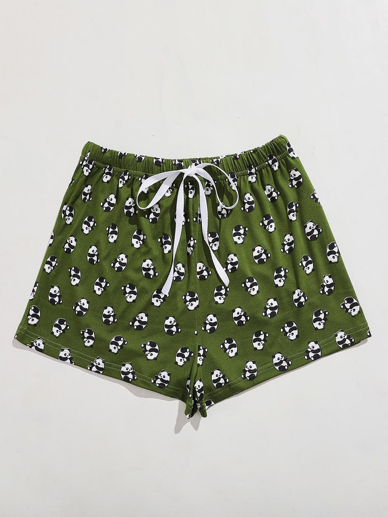 Nyári Női Pizsama Nadrág Panda Nyomtatott Nyugágy Elasztikus Derék Zsinóros Rövidnadrág Nadrág Zöld Alkalmi pizsama Háziruha Hálóruha