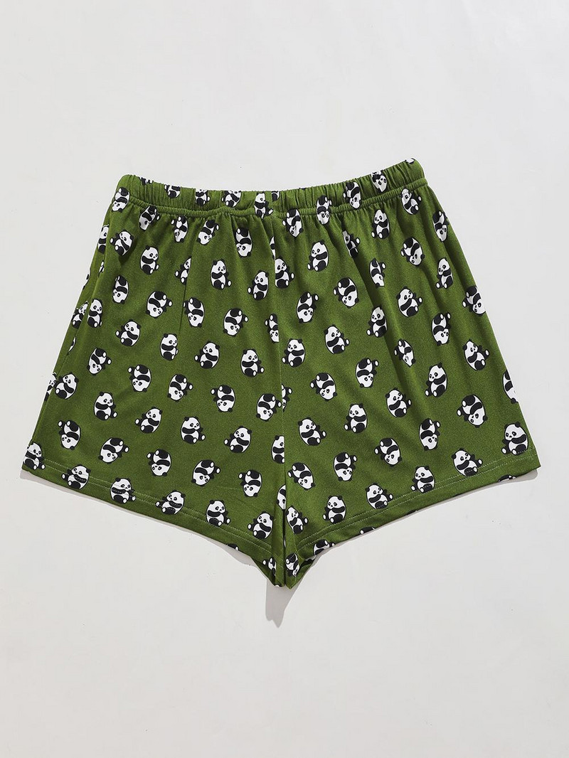 Nyári Női Pizsama Nadrág Panda Nyomtatott Nyugágy Elasztikus Derék Zsinóros Rövidnadrág Nadrág Zöld Alkalmi pizsama Háziruha Hálóruha