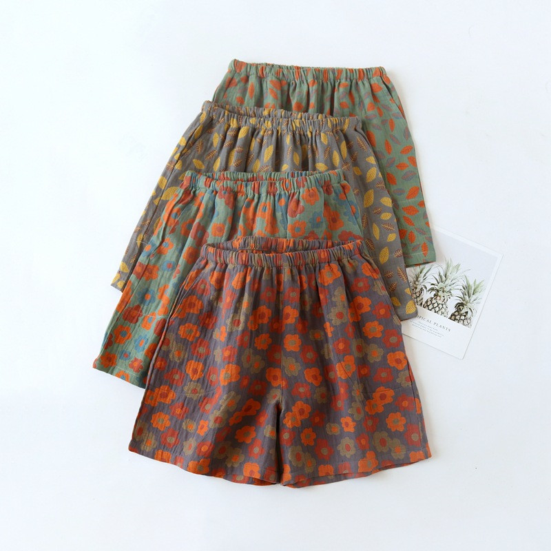 2023. gada japāņu vasara, jaunas sieviešu pidžamas, 100% kokvilnas krepveida šorti, ikdienas sieviešu pidžamas, lielas retro stila ērtas mājas bikses