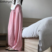 Pantaloni de somn roz în carouri pentru femei, vară, largi, cu picioare late, ocazional acasă, moale, talie înaltă, îmbrăcăminte de noapte, pantaloni la modă Ulzzang