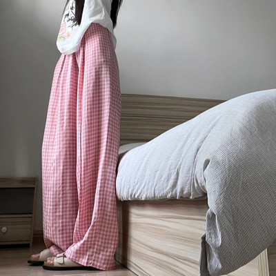 Pantaloni de somn roz în carouri pentru femei, vară, largi, cu picioare late, ocazional acasă, moale, talie înaltă, îmbrăcăminte de noapte, pantaloni la modă Ulzzang