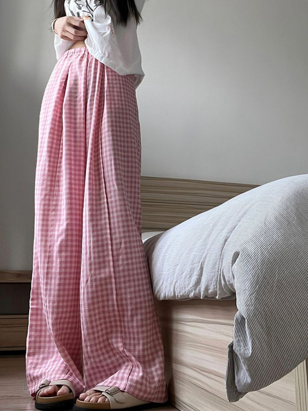 Pantaloni de somn roz în carouri pentru femei, vară, largi, cu picioare late, ocazional acasă, moale, talie înaltă, îmbrăcăminte de noapte, pantaloni la modă Ulzzang