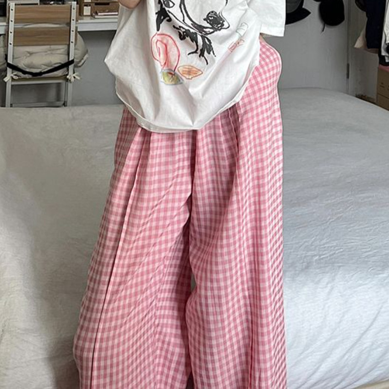 Pantaloni de somn roz în carouri pentru femei, vară, largi, cu picioare late, ocazional acasă, moale, talie înaltă, îmbrăcăminte de noapte, pantaloni la modă Ulzzang