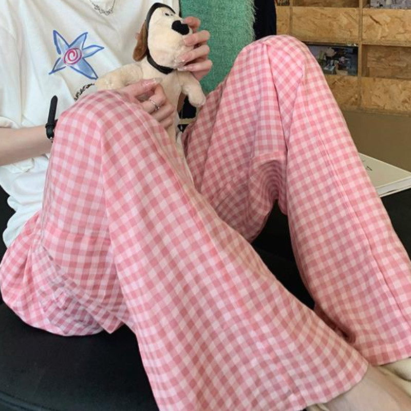 Pantaloni de somn roz în carouri pentru femei, vară, largi, cu picioare late, ocazional acasă, moale, talie înaltă, îmbrăcăminte de noapte, pantaloni la modă Ulzzang