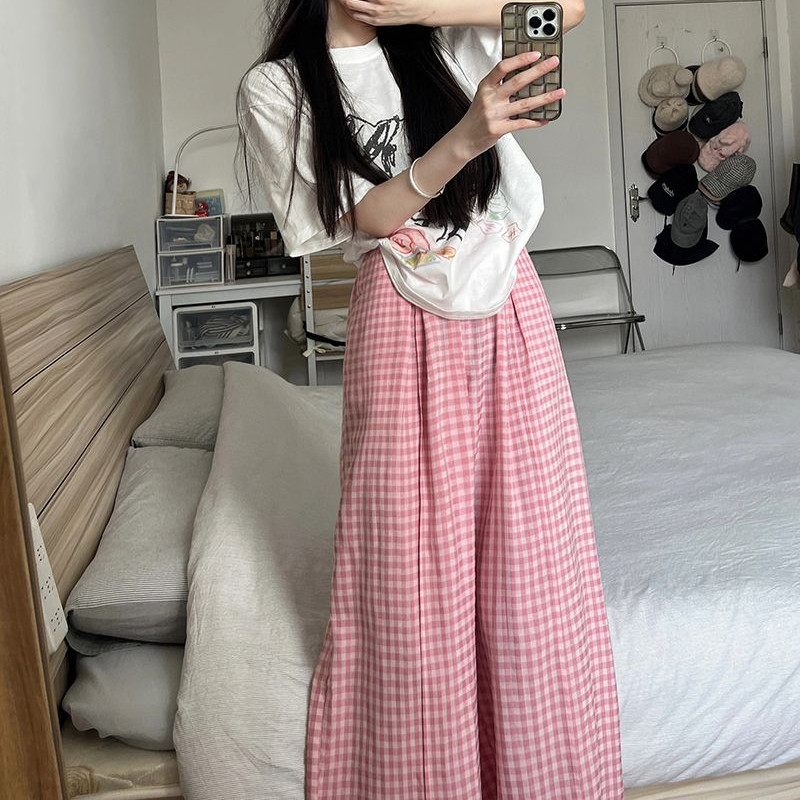 Pantaloni de somn roz în carouri pentru femei, vară, largi, cu picioare late, ocazional acasă, moale, talie înaltă, îmbrăcăminte de noapte, pantaloni la modă Ulzzang