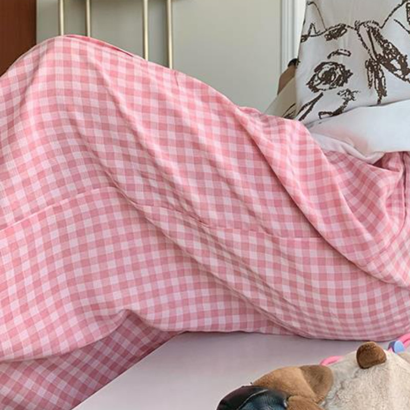 Pantaloni de somn roz în carouri pentru femei, vară, largi, cu picioare late, ocazional acasă, moale, talie înaltă, îmbrăcăminte de noapte, pantaloni la modă Ulzzang