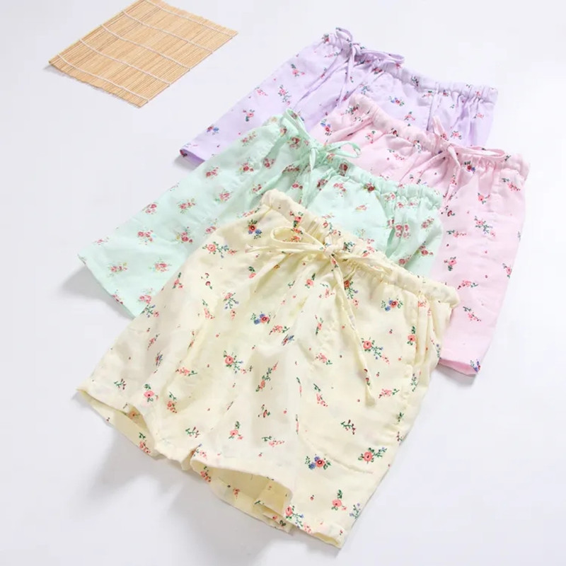 Puuvillased naiste pidžaamad lühikesed püksid, millel on lilledega trükkimine, lühikesed lahtised kodusalongi magamispüksid kevadiste kodupükste jaoks