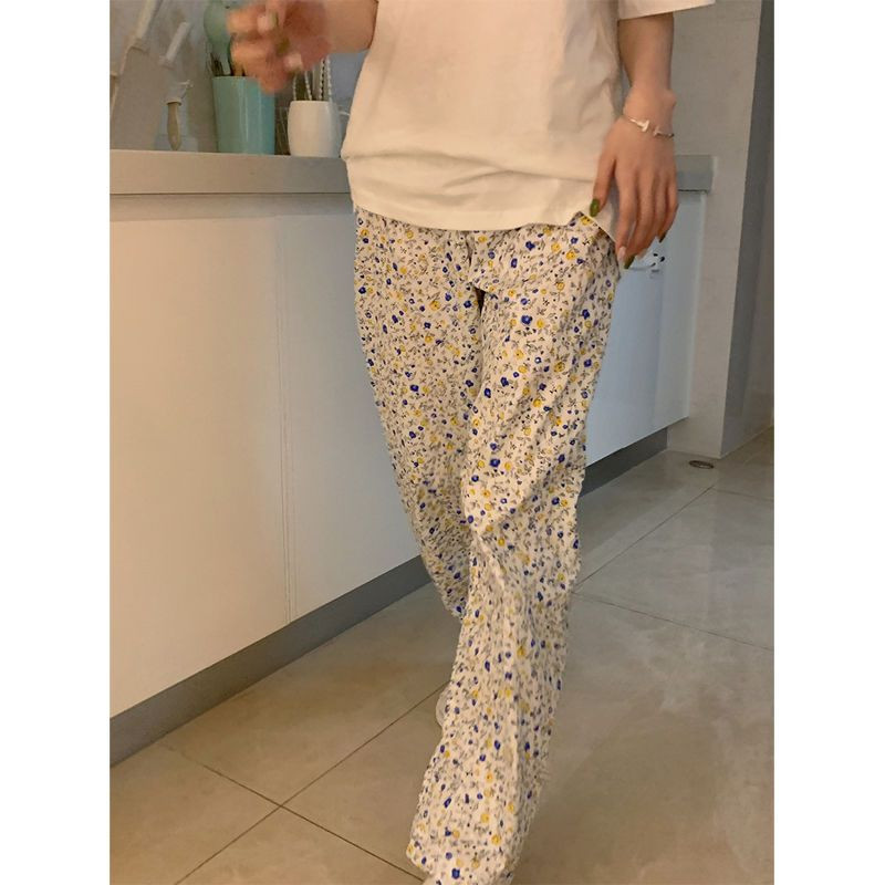 Pantaloni de pijama în stil coreean pentru femei Lenjerie de dormit de vară cu imprimeu până la gleznă, acasă, cu talie elastică, îmbrăcăminte de dormit nou