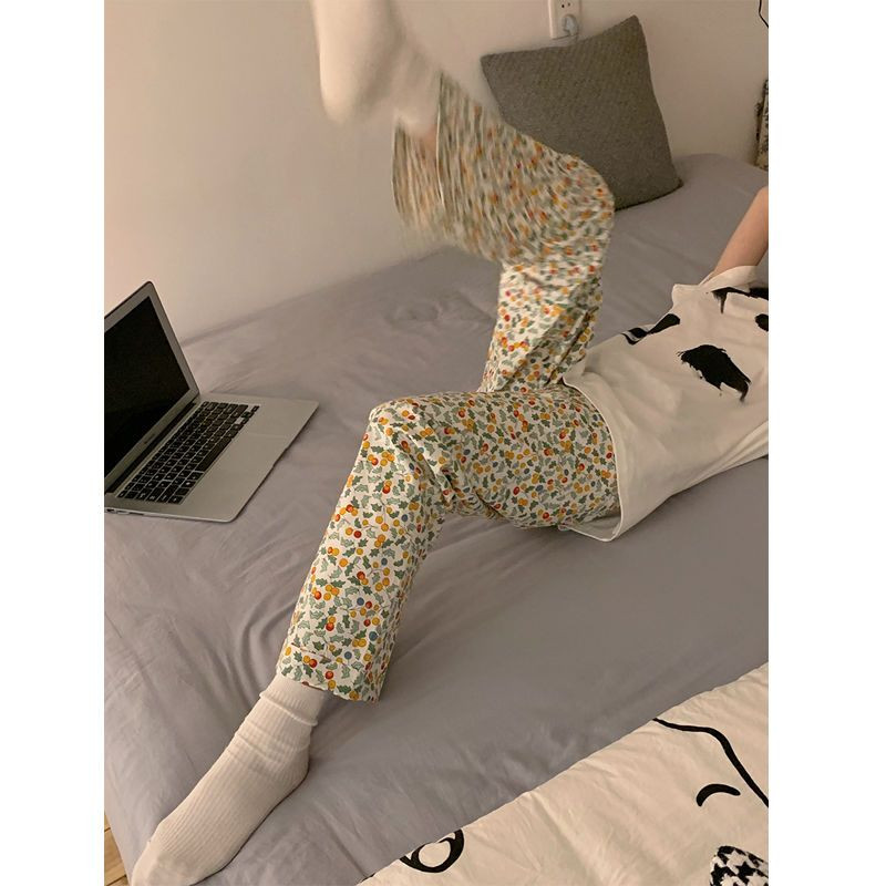 Pantaloni de pijama în stil coreean pentru femei Lenjerie de dormit de vară cu imprimeu până la gleznă, acasă, cu talie elastică, îmbrăcăminte de dormit nou