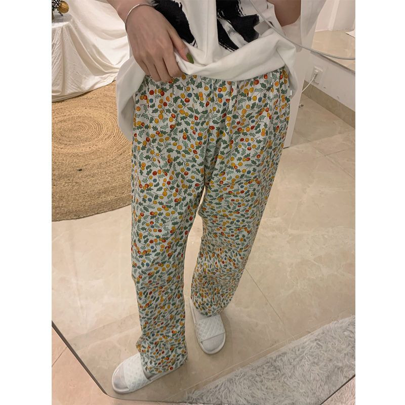 Pantaloni de pijama în stil coreean pentru femei Lenjerie de dormit de vară cu imprimeu până la gleznă, acasă, cu talie elastică, îmbrăcăminte de dormit nou