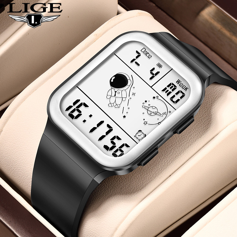 LIGE Fashion Sport vīriešu pulkstenis Astronaut Elektroniskais LED digitālais pulkstenis vīriešiem Modinātājs ikdienas silikona ūdensizturīgs gaismas vīriešu pulkstenis